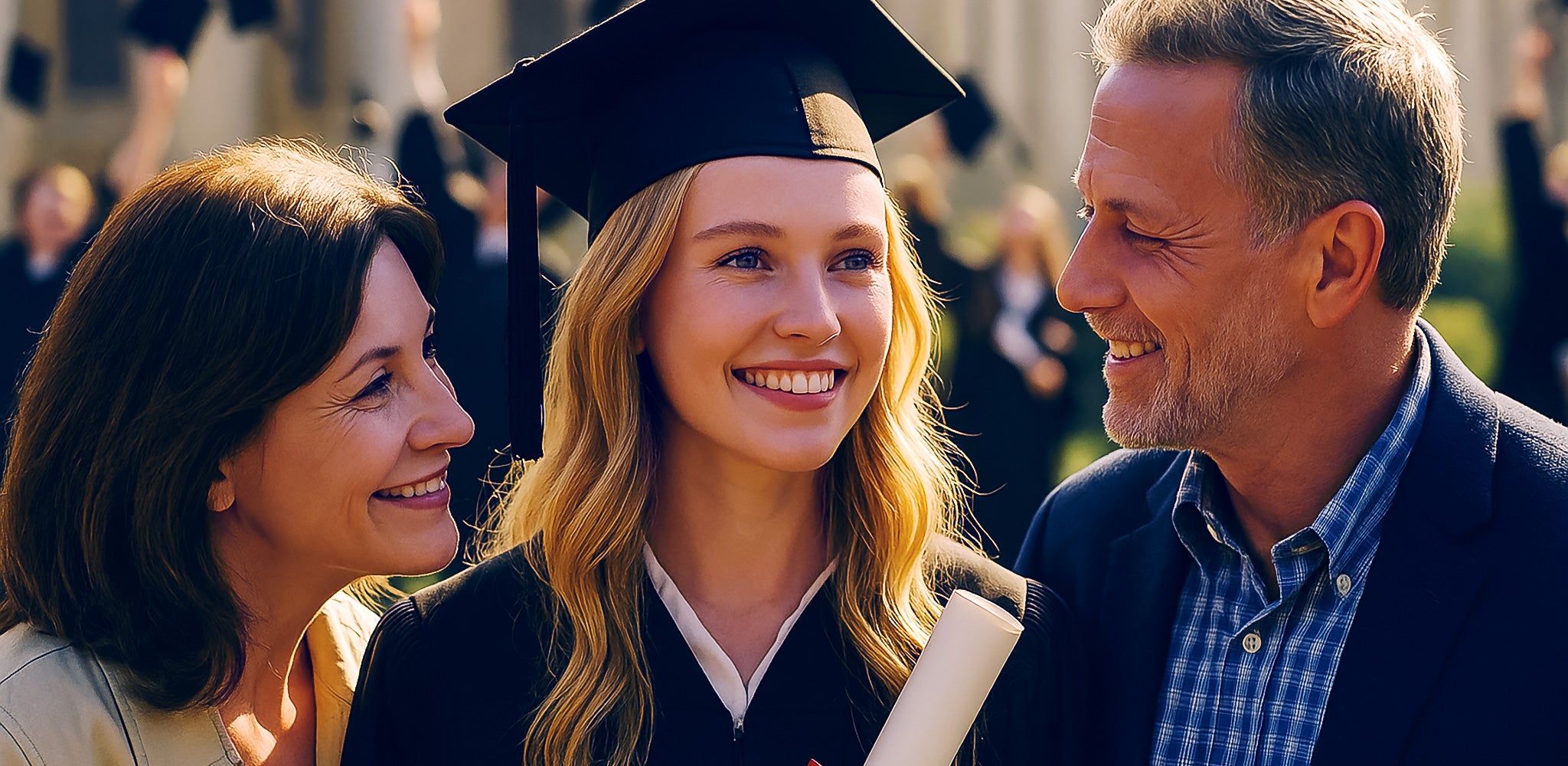 A young woman in graduation attire gazes forward with optimism, capturing the fresh energy of a new chapter and the start of her career story.