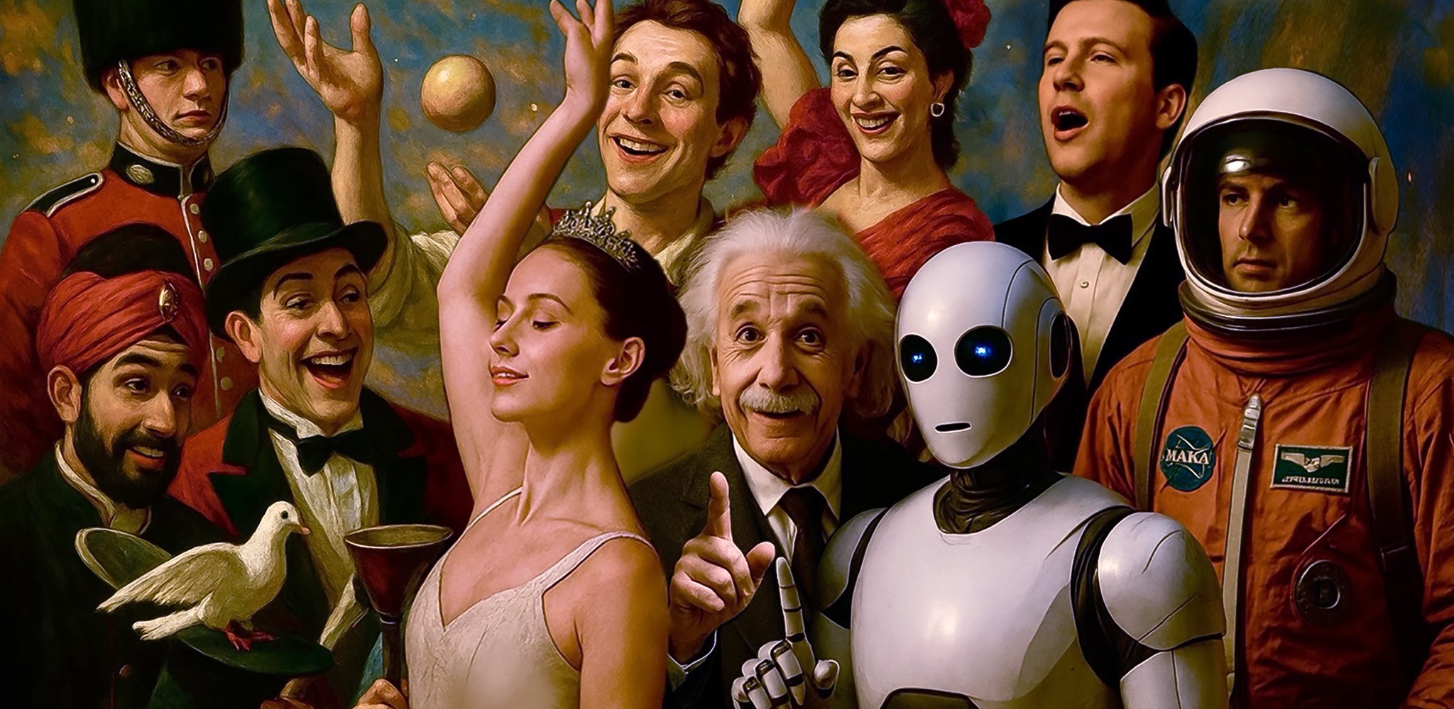 A surreal, painterly scene of diverse historical and fictional figures — including a ballerina, magician, Einstein, and a robot — all gathered as if posing for a grand cosmic portrait.