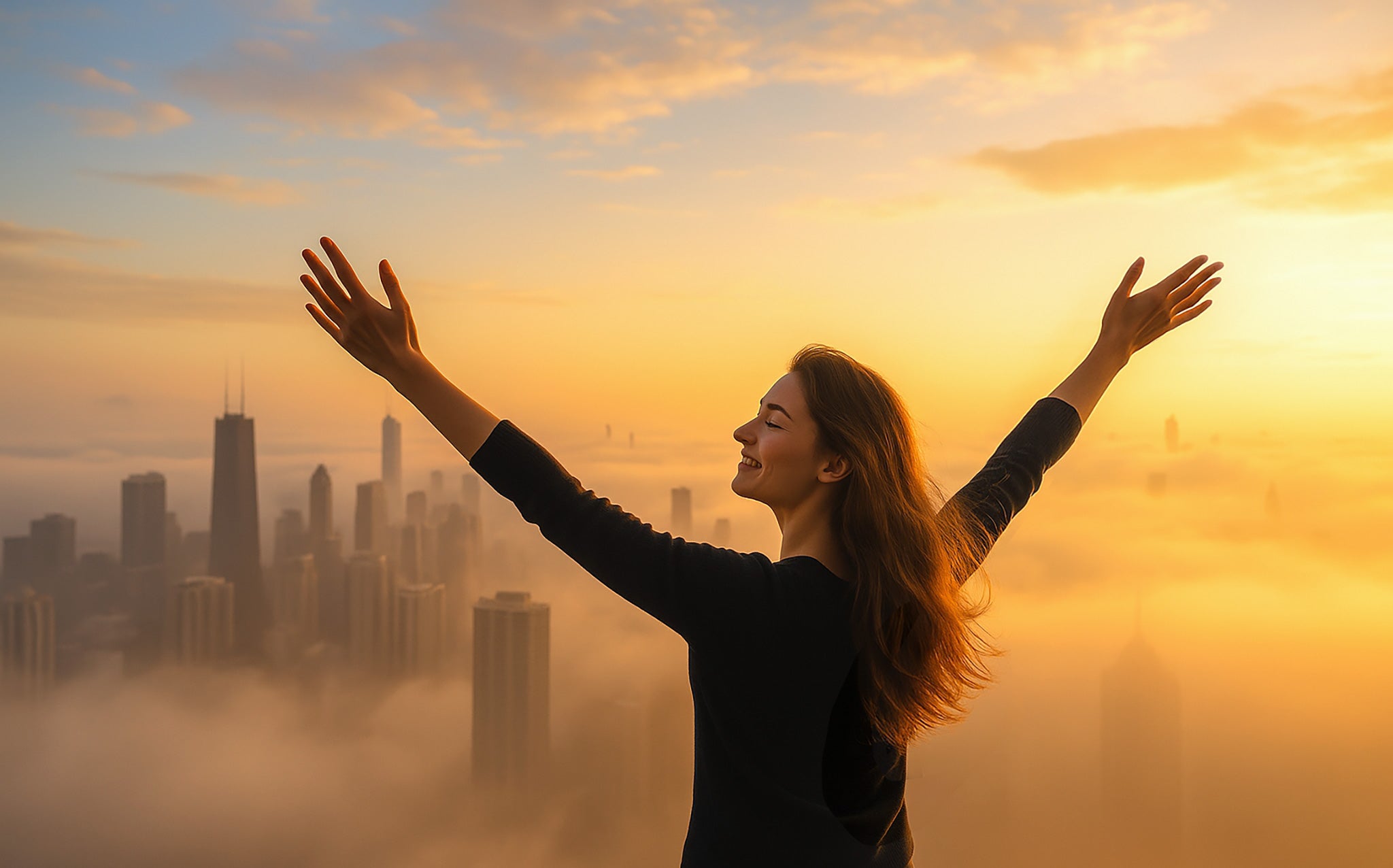 A joyful woman lifts her arms in victory at sunrise, standing above a misty city skyline — a powerful image of personal freedom and a new beginning.