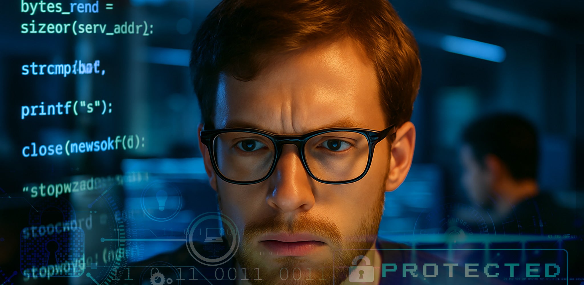 A focused IT man in glasses analyzes code on a screen in a dark tech lab, with digital overlays and security graphics symbolising cybersecurity and advanced computing.