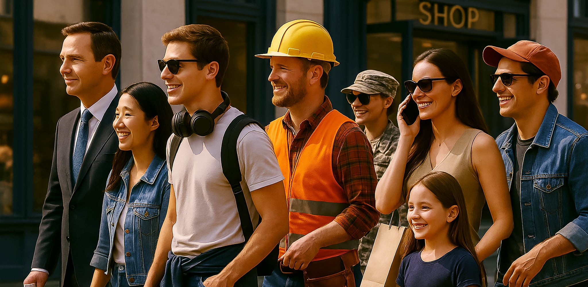A diverse group of smiling people — including a business professional, graduate, tradesman, soldier, mother, and child — walk confidently together in sunlight, symbolising the real lives behind every résumé story.