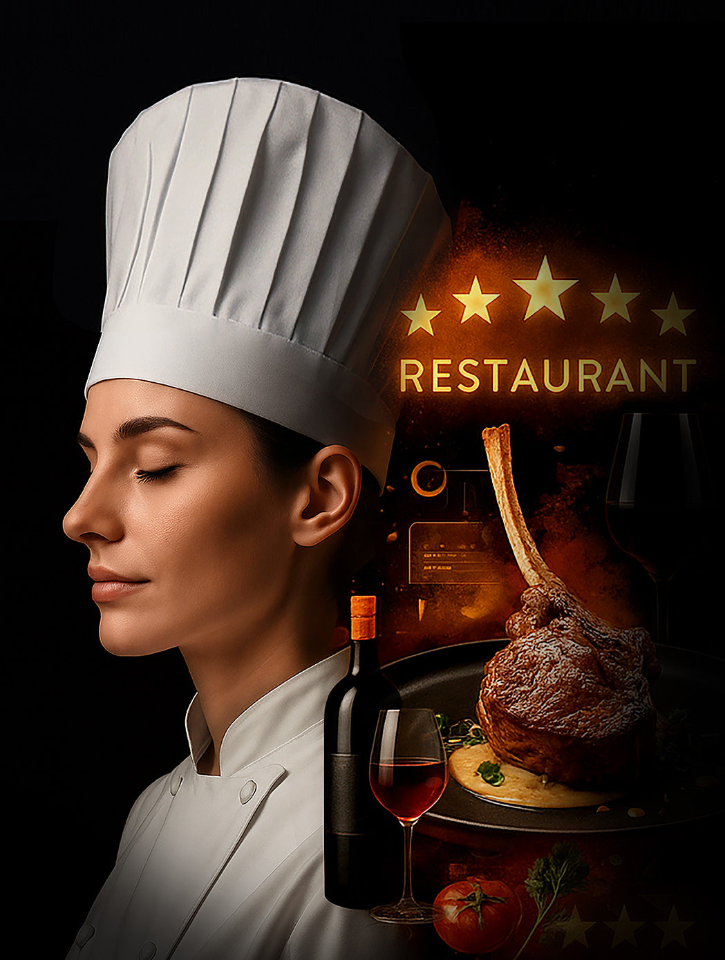 Chef with a five-star restaurant sign, steak, wine, and bottle in the background