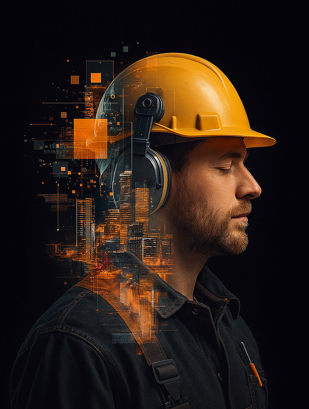 Man wearing a yellow hard hat and headphones with digital cityscape overlay on a black background